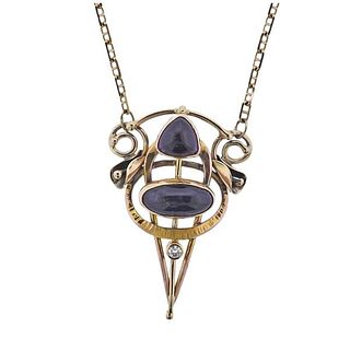 Art Nouveau  14k Gold Diamond Amethyst Pendant on UnoAerre Necklace