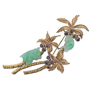 18K Gold Carved Jade Sapphire Palm Brooch Pin