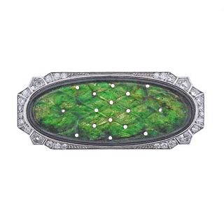 Art Deco 18k Gold Diamond Carved Jade Brooch Pin