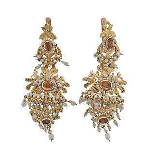 Antique 18k Gold Seed Pearl Quartz Drop Earrings