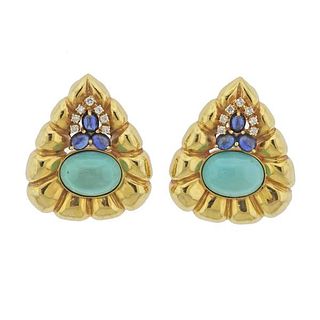 18k 14k Gold Diamond Turquoise Sapphire Earrings