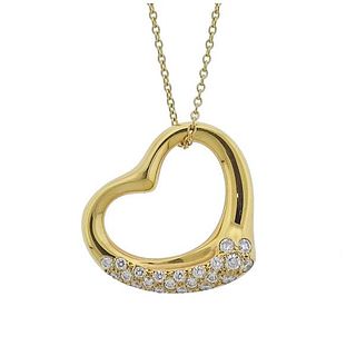Tiffany &amp; Co Peretti 18k Gold Diamond Open Heart Pendant Necklace 