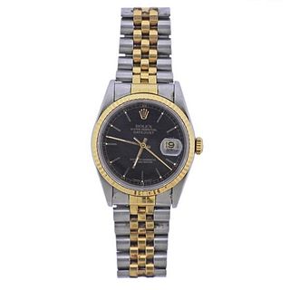 Rolex Datejust 18k Gold Steel Black Dial Watch 16233