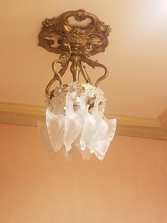 2 Lalique Style Bronze & Frosted Glass Chandeliers
