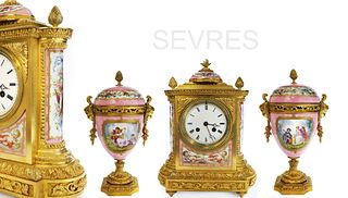 19th C. French Hand Painted Pink Sèvres Mounted Bronze Clock Set