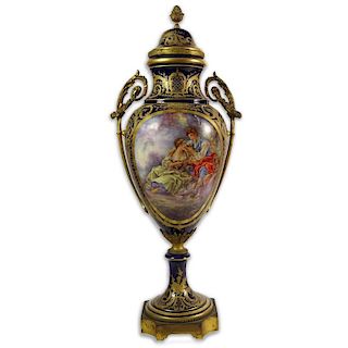 Large 19/20th Century Hand Painted Bronze Mounted Sevres Urn with Lid.