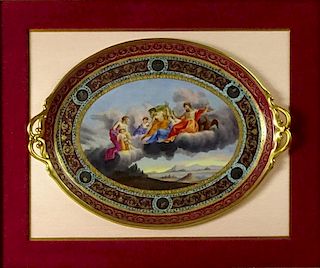 Circa 1860 Royal Vienna Painted Gilt Porcelain Platter with Double Loop Handles "Presenting to the Gods".