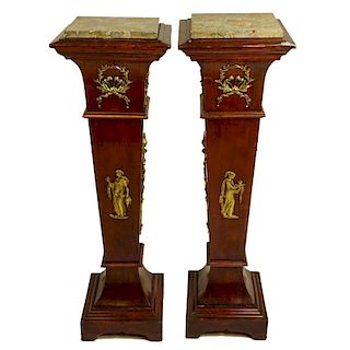 Pair of Vintage Neo-Classical Style Bronze Mounted Pedestal With Marble Top.