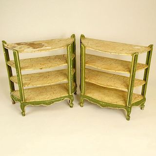 Pair of early to mid 20th Century Louis XV style distress painted wood etageres.