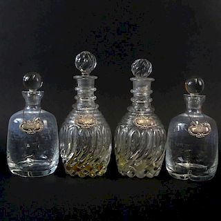 2 Pair Vintage Glass Liquor Decanters, each with sterling silver labels.
