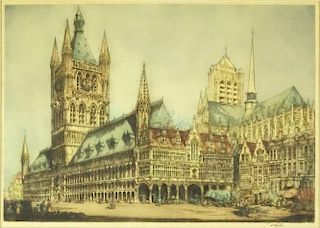 William Monk, British (1863-1937) Colored etching "Westminster Abbey"