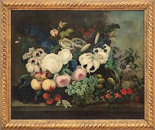 J. BOURNE: STILL LIFE WITH FLOWERS AND FISHBOWL