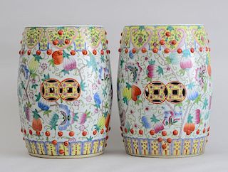 PAIR OF CHINESE FAMILLE ROSE PORCELAIN BARREL-FORM GARDEN STOOLS