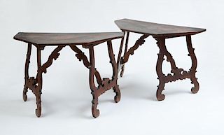 PAIR OF ITALIAN BAROQUE STYLE WALNUT CONSOLE TABLES