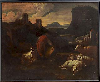 EUROPEAN SCHOOL: FIGURES IN A LANDSCAPE WITH SHEEP