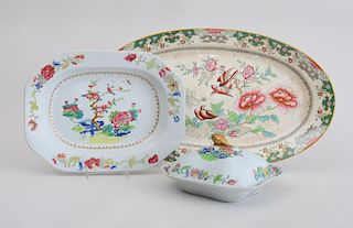 SPODE STONE CHINA CHAMFERED RECTANGULAR DEEP PLATTER, IN THE FAMILLE ROSE" PATTERN AND A MATCHING VEGETABLE DISH AND COVER"