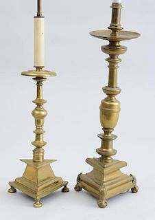 TWO BAROQUE STYLE BRASS PRICKET STICK LAMPS