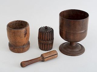 CARVED WOOD BARREL-FORM BOX AND COVER, A TREENWARE GOBLET AND A MORTAR AND PESTLE