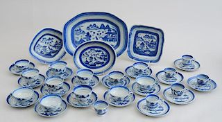 ASSEMBLED GROUP OF CANTON BLUE AND WHITE PORCELAIN TEA ARTICLES
