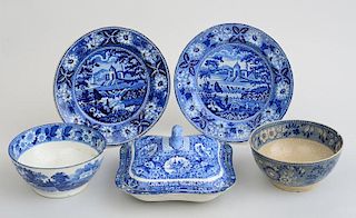 GROUP OF FIVE STAFFORDSHIRE BLUE TRANSFER-PRINTED POTTERY ARTICLES