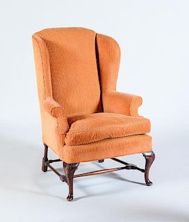 QUEEN ANNE STYLE CARVED WALNUT WING CHAIR