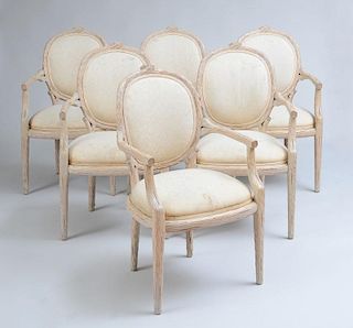 SET OF SIX LOUIS XVI STYLE IVORY STAINED FAUX BOIS ARMCHAIRS, MODERN