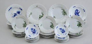 SET OF FOURTEEN ROYAL COPENHAGEN SOUP BOWLS AND TWELVE MATCHING DESSERT PLATES WITH GREEN FLORAL CLUSTERS