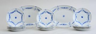 SET OF FOURTEEN DANISH PORCELAIN BLUE AND WHITE PLATES AND TWO MATCHING OVAL PLATTERS