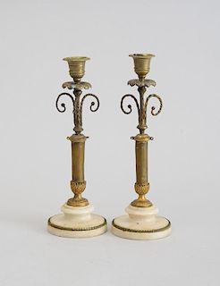 PAIR OF FRENCH GILT-METAL AND MARBLE CANDLESTICKS