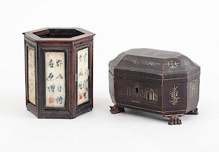 CHINESE EXPORT BLACK LACQUER SMALL TEA CADDY AND A PAINTED JADE-MOUNTED HARDWOOD HEXAGONAL LANTERN
