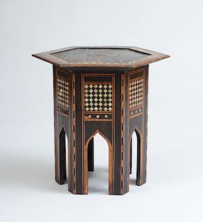 MOROCCAN MOTHER-OF-PEARL EBONY AND FRUITWOOD PARQUETRY HEXAGONAL-SHAPED TABLE