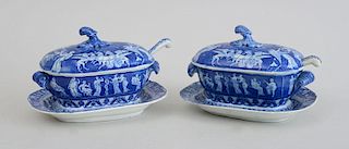PAIR OF ENGLISH BLUE TRANSFER-PRINTED POTTERY SAUCE TUREENS, COVERS, STANDS AND LADLES