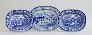 PAIR OF STAFFORDSHIRE BLUE TRANSFER-PRINTED POTTERY PLATTERS AND A LARGER PLATTER