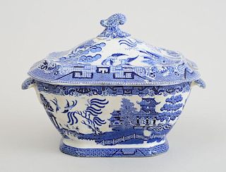 STAFFORDSHIRE BLUE TRANSFER-PRINTED POTTERY TUREEN AND COVER, IN THE WILLOW" PATTERN"