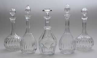 TWO PAIRS OF CUT-GLASS DECANTERS AND STOPPERS, A SINGLE DECANTER AND A PAIR OF ENGRAVED GLASS SHIP'S DECANTERS