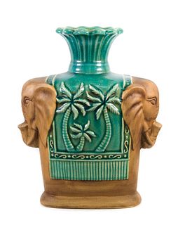 Vintage Elephant & Palm Tree Ceramic Vase