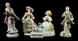 Group, Four Porcelain Figurines & Figural Box