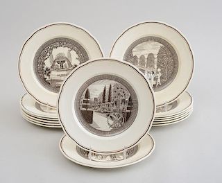 SET OF FOURTEEN WEDGWOOD TRANSFER-PRINTED TOPOGRAPHICAL PLATES, TYPES OF GARDENS THROUGH THE AGES
