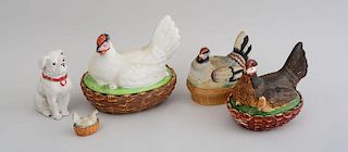 GROUP OF FOUR POLYCHROME CERAMIC HEN-ON-NEST BOWLS AND COVERS AND A CHALKWARE FIGURE OF A SEATED BULLDOG
