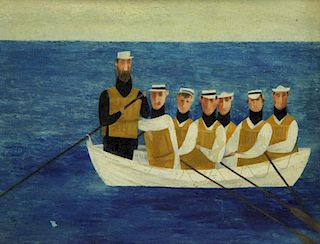 HOWE, Richard. Oil on Board "Men in Boat" 1967.