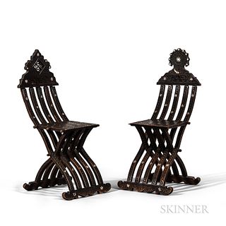 Near Pair of Mother-of-pearl-inlaid Carved Wood Folding Chairs