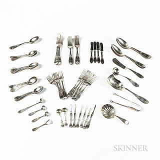Assembled Set of Mostly Coin Silver Flatware