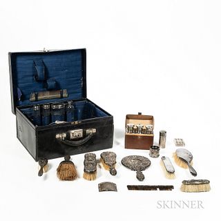 Cased Silver Traveling Vanity Set with Extra Pieces