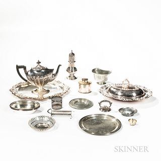 Sixteen Silver-plated, Sterling, and Pewter Table Items