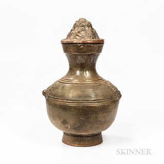 Celadon-glazed Terracotta Hu-form Jar and Cover