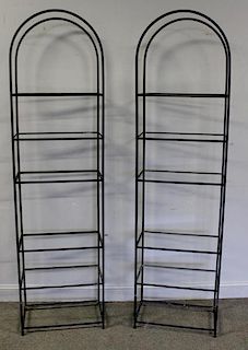Pair of Iron Arch Top Etageres with Glass Shelves.