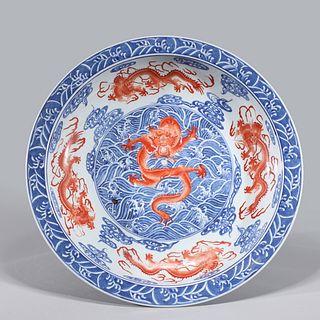 Large Blue, Red, & White Porcelain Dragon Charger