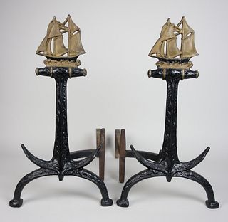Pair of Cast Iron Anchor and Clipper Ship Figural Andirons