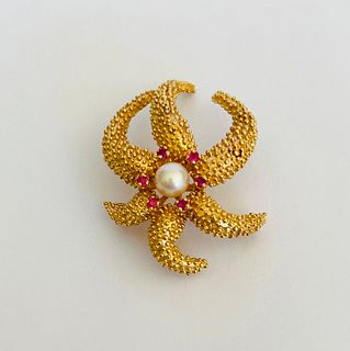 14k Yellow Gold, Ruby and Pearl Starfish Brooch