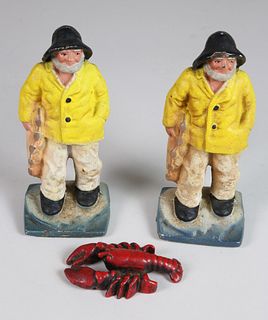 Pair of Vintage Painted Cast Iron Old Salt Doorstops and Lobster Paperweight